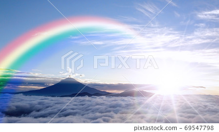 Abstract background of the sea of clouds and sunrise surrounding Mt. Fuji 69547798