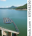 Floating solar panel on the lake with water level measurement gauge. This technology called FPV or Floating photovoltaic. Clean technology concept and output is renewable energy. 69548290