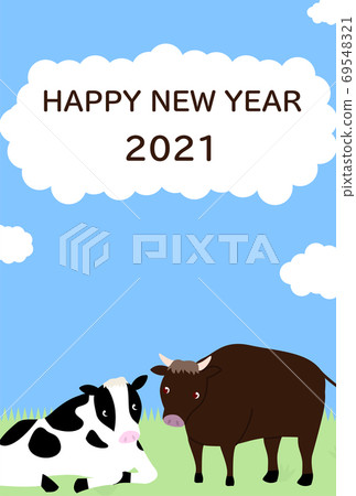 荷斯坦奶牛和日本黑髮新年賀卡插圖2021 69548321