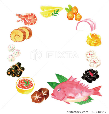 New Year's card material: New Year dishes, round 69548357