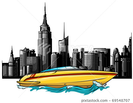 vector Illustration of a luxury private boat on skyscrapers background 69548707