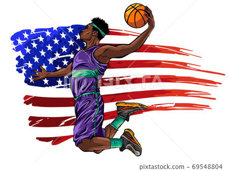 Creative illustration of a Basketball Player on American Flag colors background Creative illustration of a Basketball Player on American Flag colors background 69548804