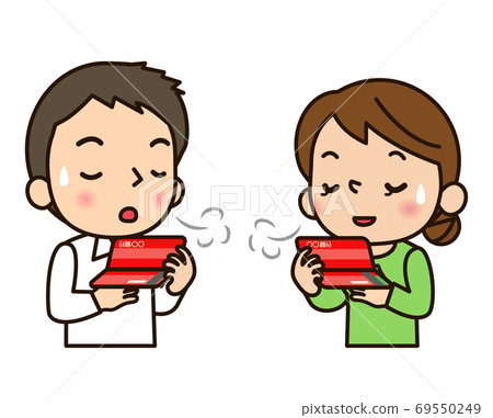 A couple (upper body) who feels relieved when looking at their passbook 69550249