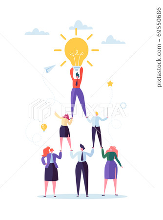 Successful Team Work Concept. Pyramid of Business People. Leader Holding Light Bulb on the Top. Leadership, Teamworking and Creative Idea. Vector illustration Successful Team Work Concept. Pyramid of Business People. Leader Holding Light Bulb on the Top. Leadership, Teamworking and Creative Idea. Vector illustration 69550686
