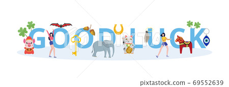 Text Good Luck and fortune talismans, flat vector banner illustration isolated. Text Good Luck and fortune talismans, flat vector banner illustration isolated. 69552639