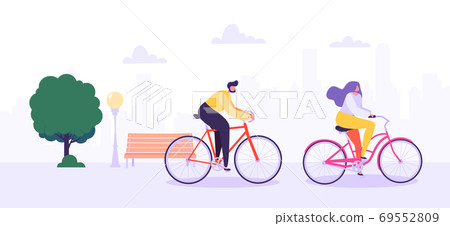Man and Woman Characters Riding Bicycle in City 69552809