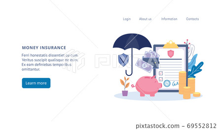 Money and bank account insurance web banner flat cartoon vector illustration. 69552812
