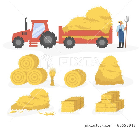 Tractor with hay cartoon illustration. Vector set of hay icons set isolated on white background. Straw, haystack and hayloft 69552915