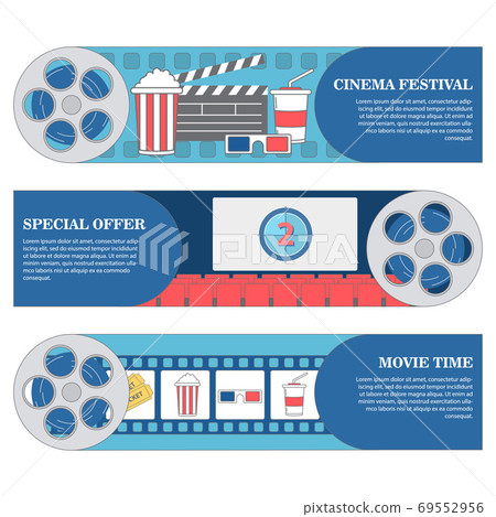 Cinema festival horizontal banners. Vector set of movie cinema banners. poster design template in flat style 69552956