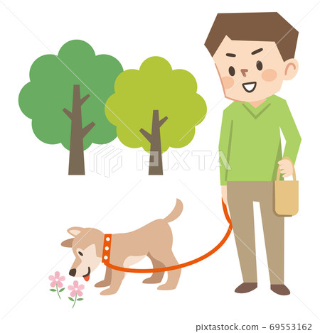 A young man walking a dog A young man walking a dog 69553162
