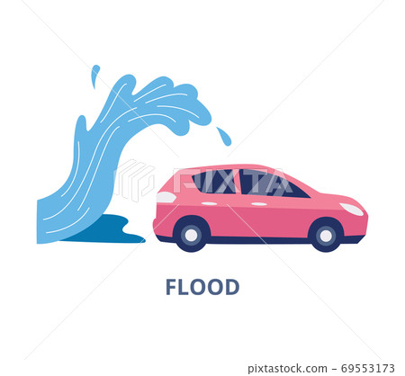 Flood and natural disaster car insurance flat vector illustration isolated. 69553173