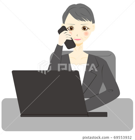 Personal computer, female middle office worker, telephone, smartphone 69553932