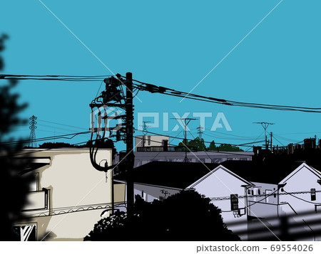 Landscape painting of blue sky and residential area Landscape painting of blue sky and residential area 69554026