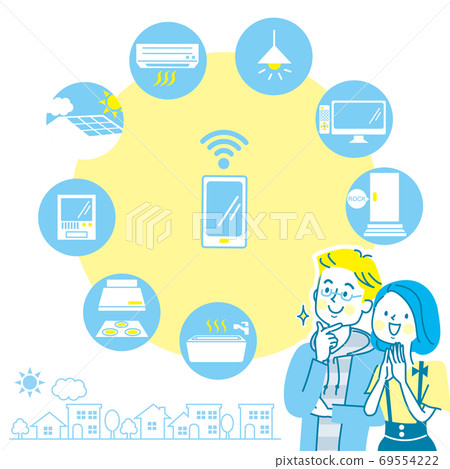 Smiley young couple and home appliances icon Smiley young couple and home appliances icon 69554222
