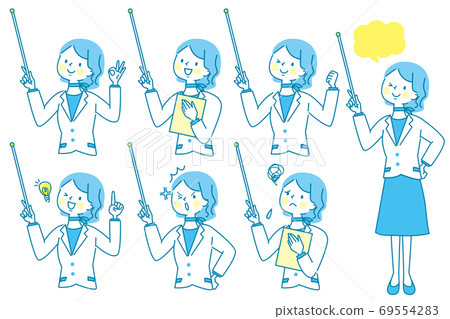 Facial expression set of a woman in a suit explaining with a support stick 69554283
