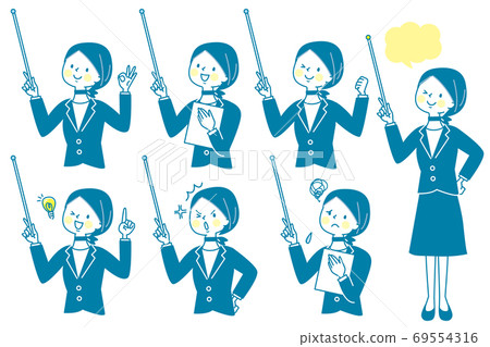 Facial expression set of a woman in a suit explaining with a support stick Facial expression set of a woman in a suit explaining with a support stick 69554316
