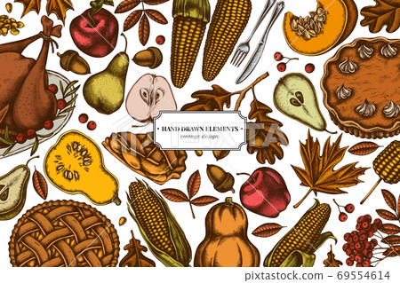 Colored elements design with pumpkin, fork, knife, pears, turkey, pumpkin pie, apple pie, corn, apples, rowan, maple, oak 69554614