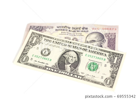 American dollars and Indian rupee banknote 69555342