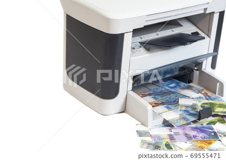 Printer printing fake Swiss francs, currency of switzerland Printer printing fake Swiss francs, currency of switzerland 69555471