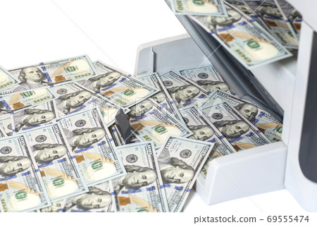 Printer printing fake dollar bills isolated on white background 69555474
