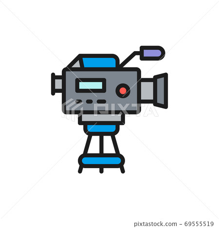 Professional cinema camera with microphone flat color line icon. 69555519