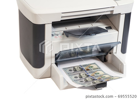 Printer printing fake dollar bills isolated on white background Printer printing fake dollar bills isolated on white background 69555520