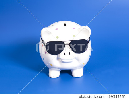 Piggy bank with sunglasses on blue background 69555561