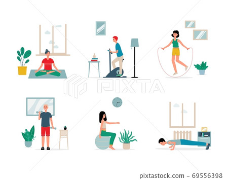 People doing fitness exercises at home gym -... - Stock Illustration ...