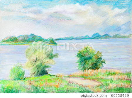 Summer landscape with wide river "Volga" 69558439