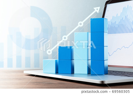 Image of business data analysis. Laptop on a wooden table. Numerous graphs. Image of business data analysis. Laptop on a wooden table. Numerous graphs. 69560305