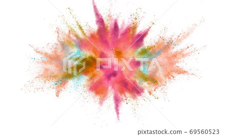 Explosion of colored powder on white background 69560523