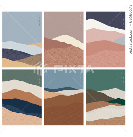 Abstract art background with Japanese wave pattern vector. Art landscape in vintage style. Mountain forest banner. 69560575