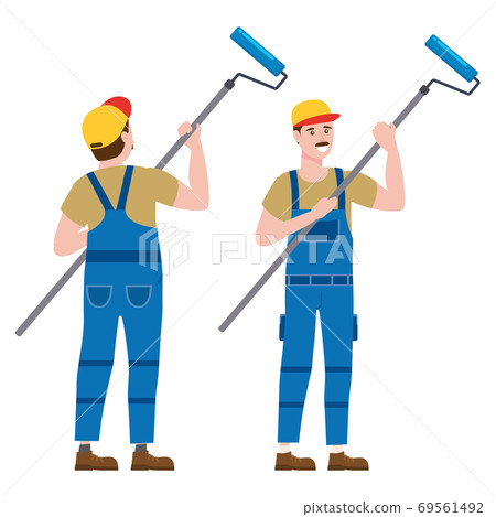Construction worker painter with rollerbrush in workwear. Back and front view craftsman character vector isolated Construction worker painter with rollerbrush in workwear. Back and front view craftsman character vector isolated 69561492