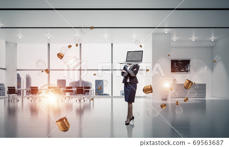 Business woman with laptop instead of head. Business woman with laptop instead of head. 69563687