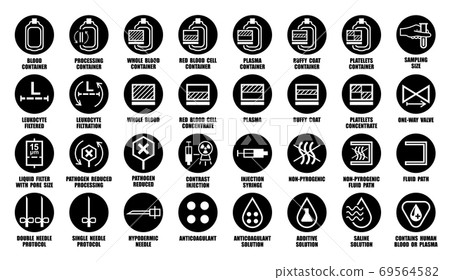 Full vector set of packaging icons for medical devices contain human blood, cells, plasma, platelets, leukocytes. Black package pictograms isolated on white Full vector set of packaging icons for medical devices contain human blood, cells, plasma, platelets, leukocytes. Black package pictograms isolated on white 69564582