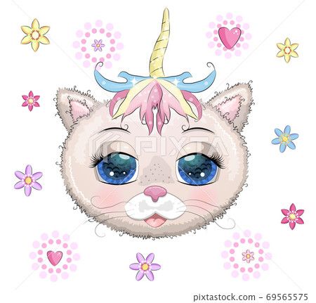 Cute Cartoon pink kitten face on a flovers background 69565575