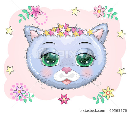 Cute Cartoon pink kitten face on a flovers background 69565576