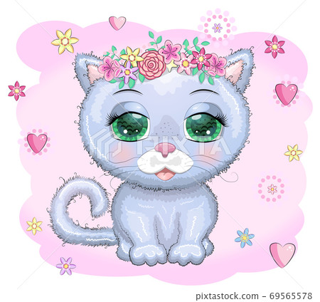 Cute Cartoon pink kitten face on a flovers background 69565578