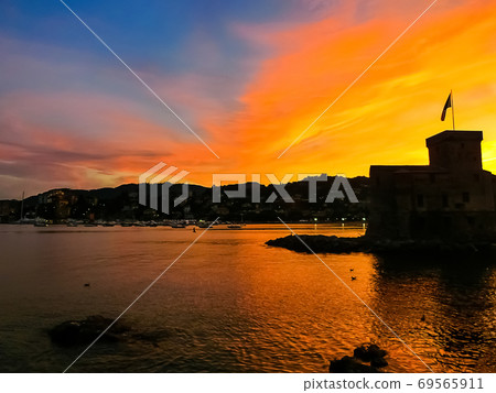 italian castles on sea italian flag - castle of Rapallo , Liguria Genoa Tigullio gulf near Portofino Italy . 69565911