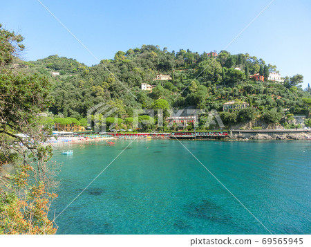 beach known as paraggi near portofino in genoa on a blue sky and sea background 69565945