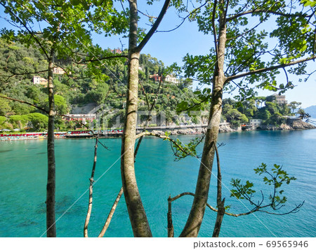 beach known as paraggi near portofino in genoa on a blue sky and sea background 69565946