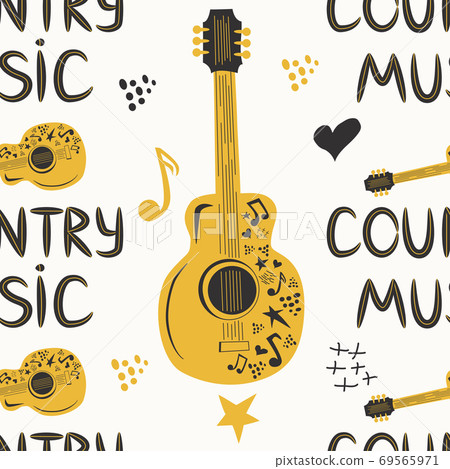 hand-drawn musical seamless pattern with the inscription country music and country guitar, stars, notes, symbols, objects and elements. hand-drawn musical seamless pattern with the inscription country music and country guitar, stars, notes, symbols, objects and elements. 69565971