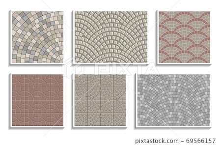 Set of seamless round pavement textures. Vector repeating patterns of radial stone material 69566157