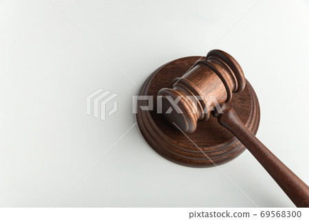 Wooden judge gavel and sound Board on white background. Top view. Auction. Copy space 69568300