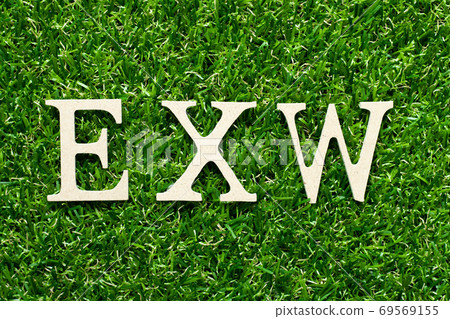 Wood alphabet letter in word EXW (abbreviation of Ex works) on green grass background 69569155