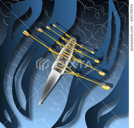 Gold and silver rowing boat with waves and bubbles in the background. Vector illustration 69570054