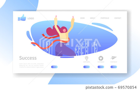 Business Success Landing Page Template. Website Layout with Flat Woman Character Crossing Finish Line. Leadership Concept. Easy to Edit and Customize Mobile Web Site. Vector illustration 69570854