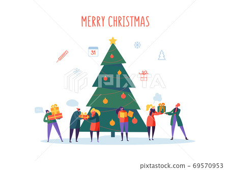 Flat Happy People with Gifts and Christmas Tree. Merry Xmas Holiday Party. Characters Celebrating New Year Eve. Vector illustration Flat Happy People with Gifts and Christmas Tree. Merry Xmas Holiday Party. Characters Celebrating New Year Eve. Vector illustration 69570953