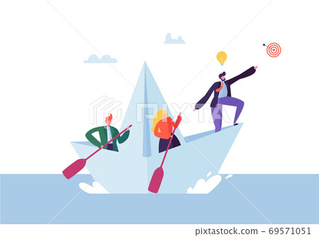Business People Floating on a Paper Ship. Flat 69571051