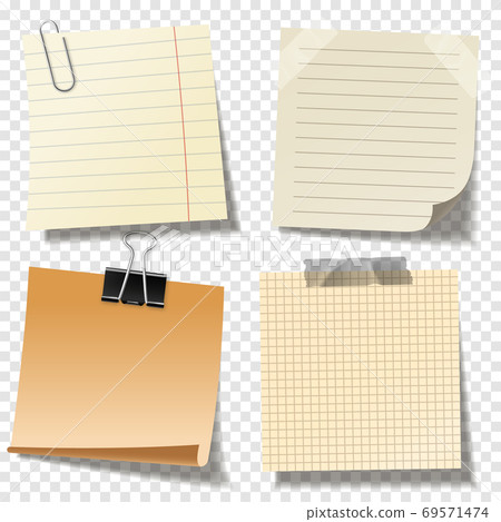 Realistic blank sticky notes with clip binder and adhesive tape. Colored sheets of note papers 69571474